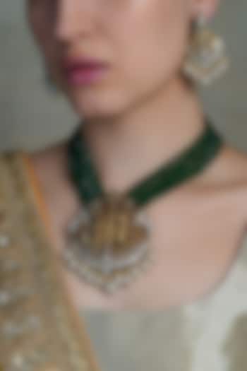 Yellow Gold Finish Emerald Stone Temple Necklace Set by Joules By Radhika at Pernia's Pop Up Shop