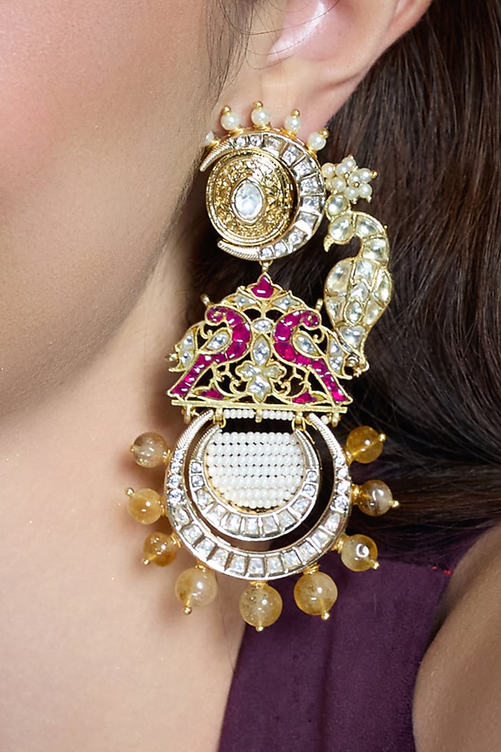 Yellow Gold Finish Ruby Stone & Beaded Dangler Earrings by Joules By Radhika at Pernia's Pop Up Shop