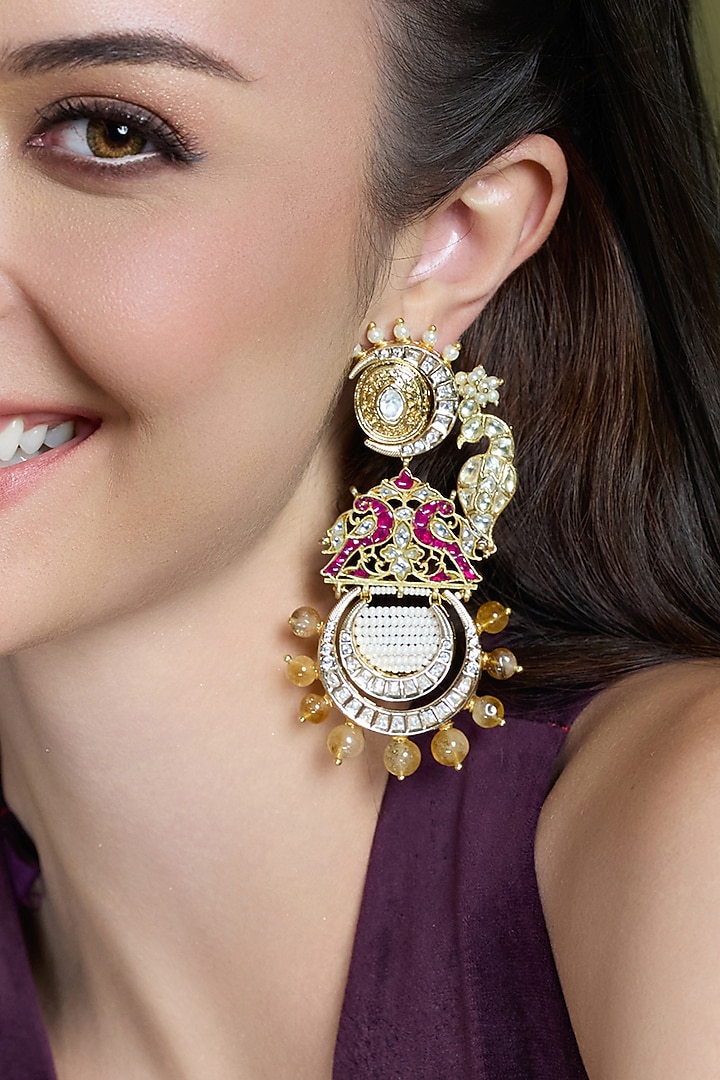 Yellow Gold Finish Ruby Stone & Beaded Dangler Earrings by Joules By Radhika at Pernia's Pop Up Shop