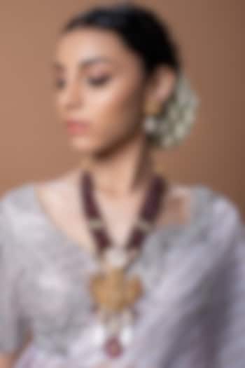 Gold Finish Temple Necklace Set With Red Agate Beads by Joules By Radhika at Pernia's Pop Up Shop