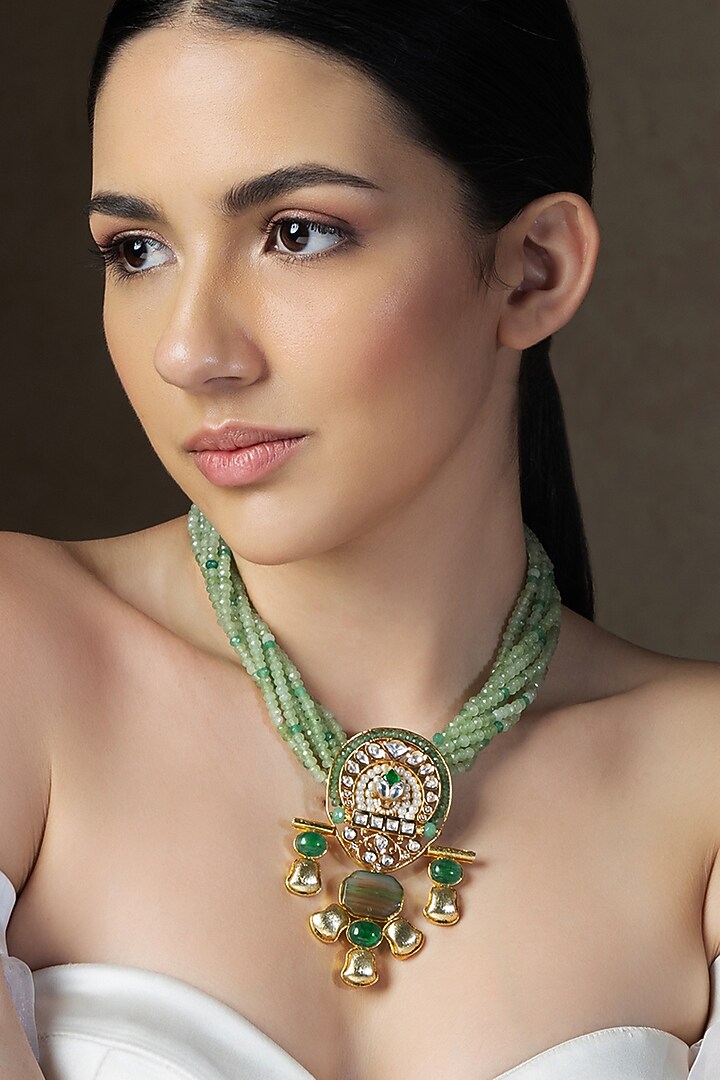 Gold Finish Green Hydro Polki & Agate Beaded Handcrafted Enameled Necklace by Joules By Radhika at Pernia's Pop Up Shop