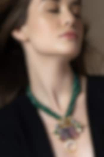 Green Freshwater Pearls & Agate Stone Handcrafted Enameled Pendant Necklace by Joules By Radhika at Pernia's Pop Up Shop