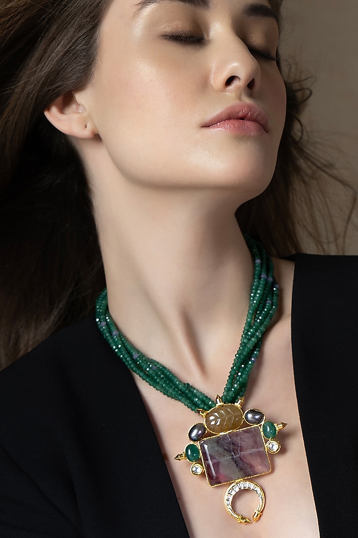 Green Freshwater Pearls & Agate Stone Handcrafted Enameled Pendant Necklace by Joules By Radhika at Pernia's Pop Up Shop