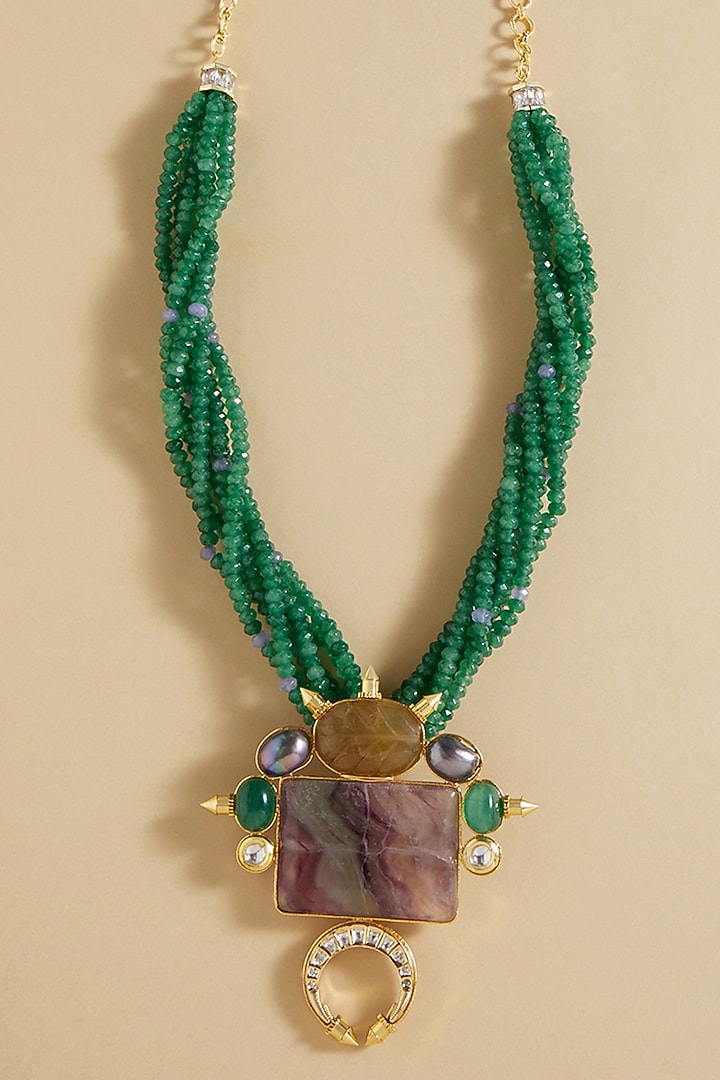 Green Freshwater Pearls & Agate Stone Handcrafted Enameled Pendant Necklace by Joules By Radhika at Pernia's Pop Up Shop
