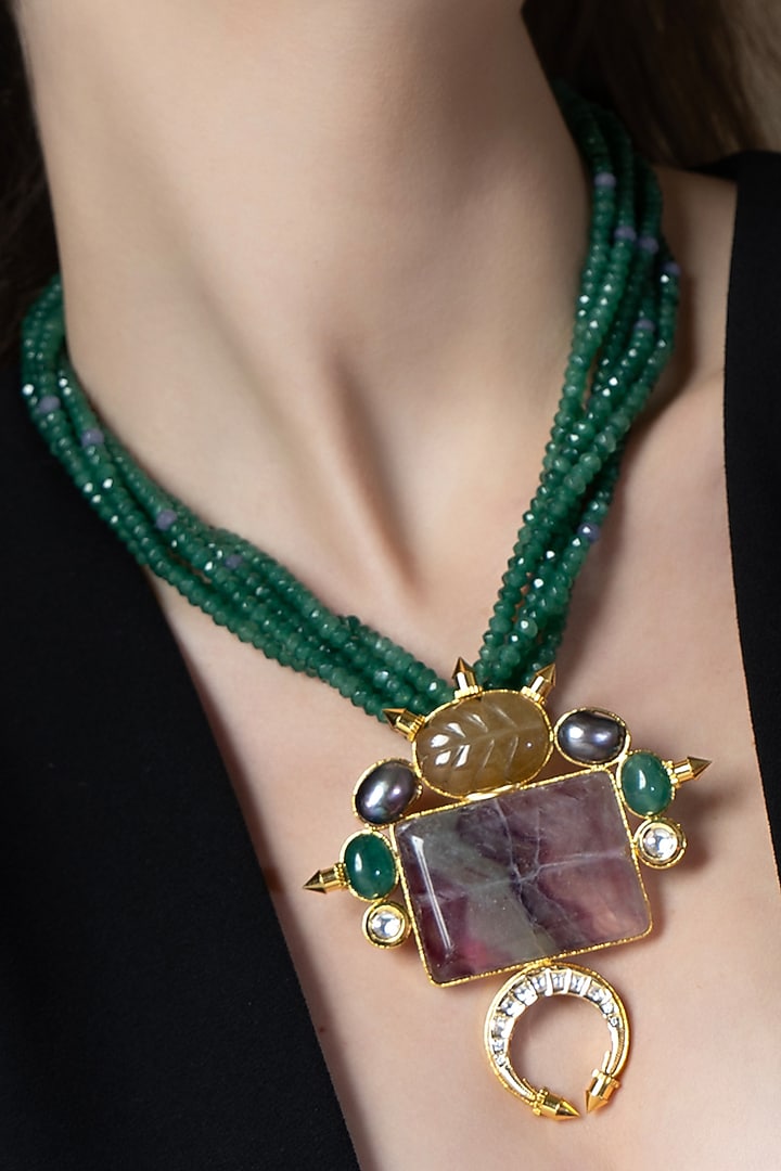 Green Freshwater Pearls & Agate Stone Handcrafted Enameled Pendant Necklace by Joules By Radhika at Pernia's Pop Up Shop
