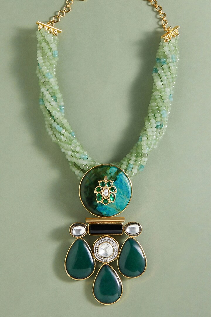 Green Drops & Agate Beaded Enameled Bohemian Necklace by Joules By Radhika at Pernia's Pop Up Shop