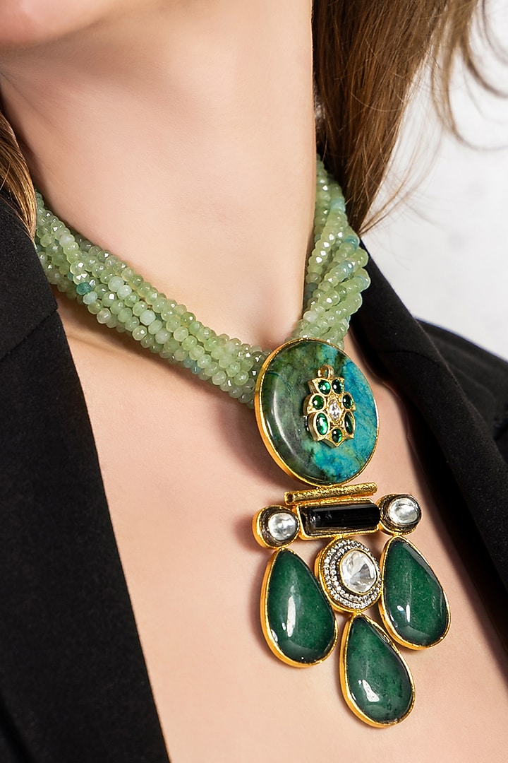 Green Drops & Agate Beaded Enameled Bohemian Necklace by Joules By Radhika at Pernia's Pop Up Shop