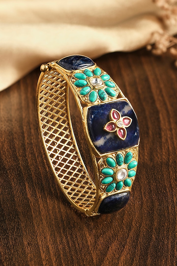 Gold Finish Green & Blue Semi-Precious Stone Kada by Joules By Radhika at Pernia's Pop Up Shop