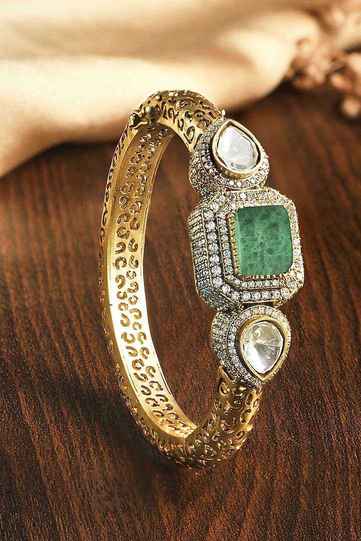 Gold Finish Mint Kundan Polki & Green Stone Kada by Joules By Radhika at Pernia's Pop Up Shop