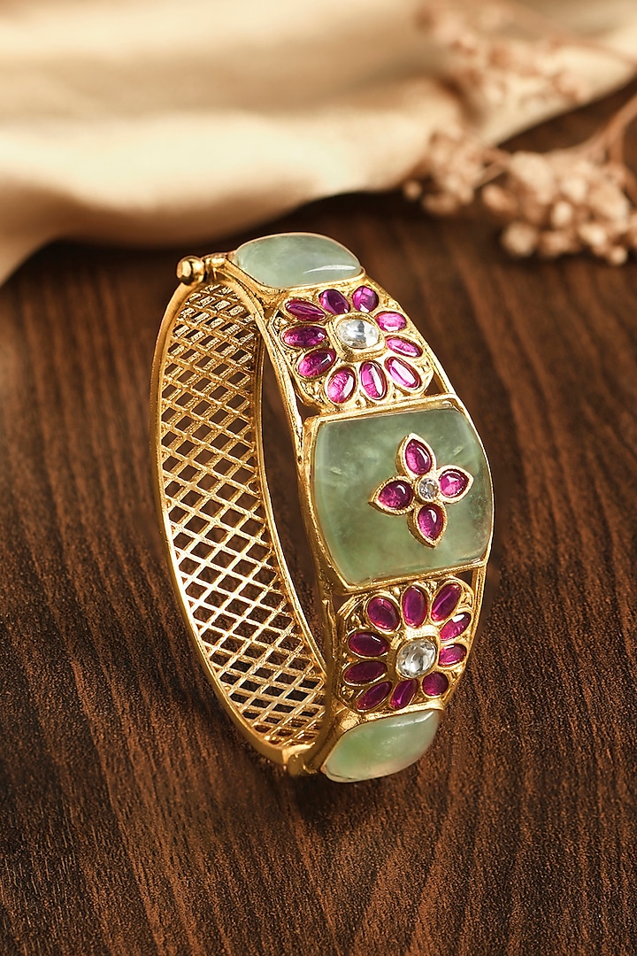 Gold Finish Light Green & Red Stone Motif Kada by Joules By Radhika at Pernia's Pop Up Shop