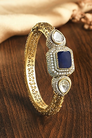 Gold Finish Sapphire Kundan Polki & Blue Stone Kada by Joules By Radhika