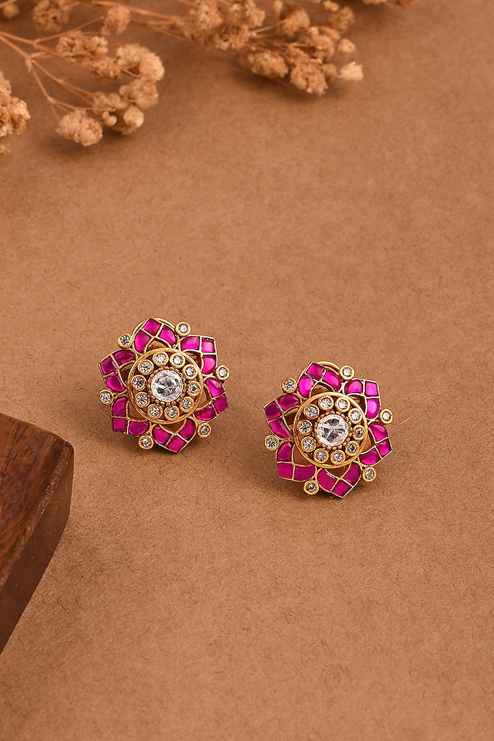 Gold Finish Pink Stone Stud Earrings by Joules By Radhika at Pernia's Pop Up Shop