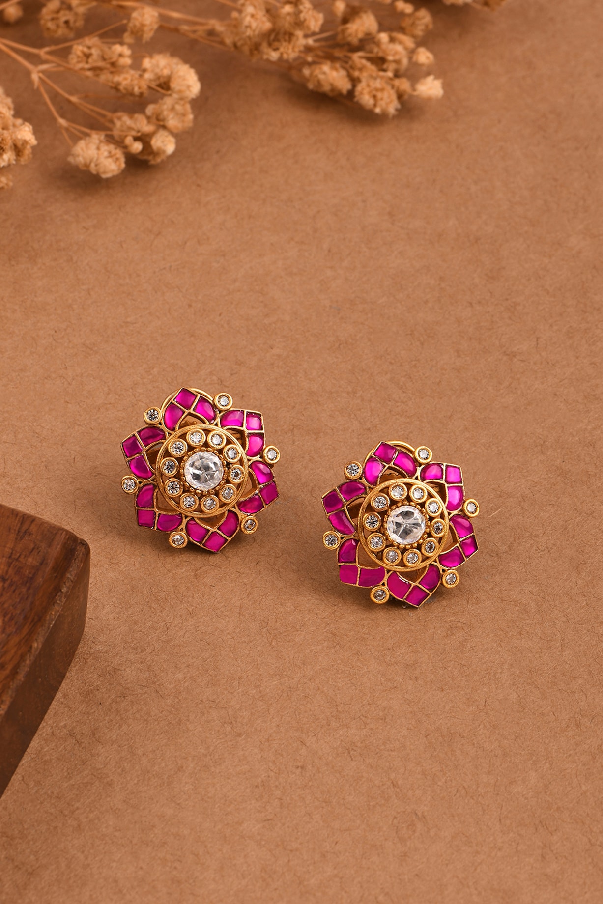Gold Finish Pink Stone Stud Earrings by Joules By Radhika at Pernia's Pop  Up Shop