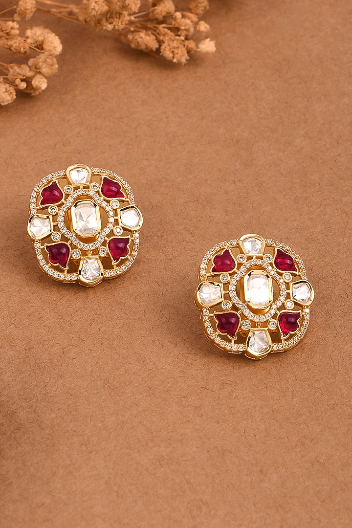 Gold Finish Kundan Polki & Red Stone Stud Earrings by Joules By Radhika at Pernia's Pop Up Shop