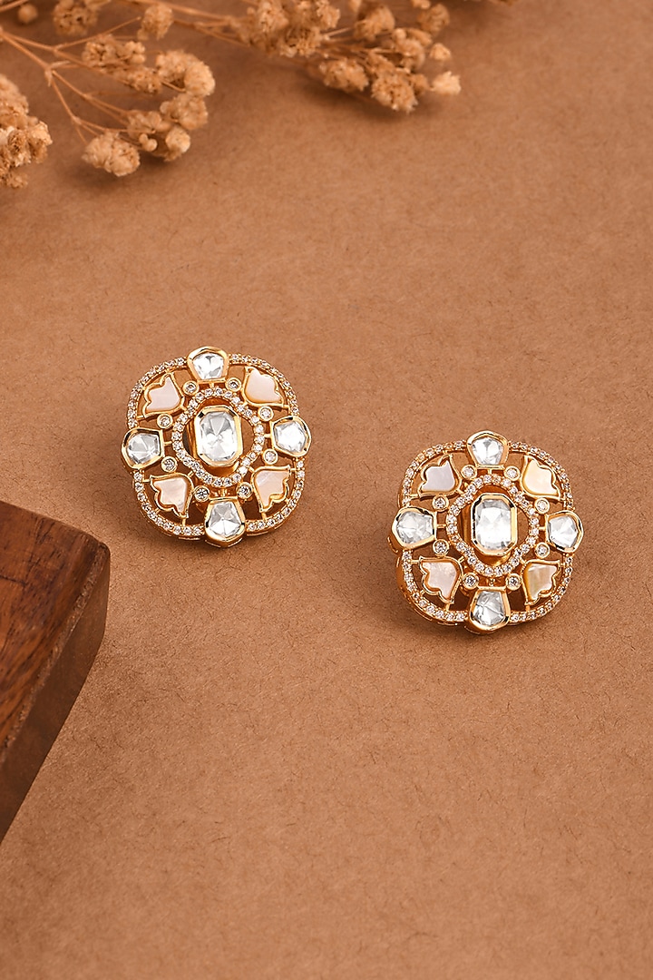Gold Finish Pearl & Kundan Polki Stud Earrings by Joules By Radhika at Pernia's Pop Up Shop