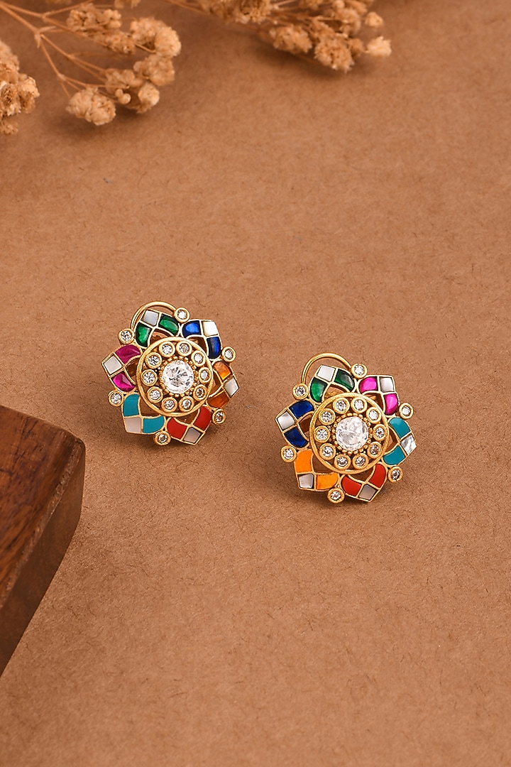 Gold Finish Multi-Colored Stone Star Shaped Stud Earrings by Joules By Radhika at Pernia's Pop Up Shop