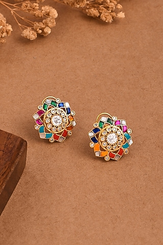 Gold Finish Multi-Colored Stone Star Shaped Stud Earrings by Joules By Radhika