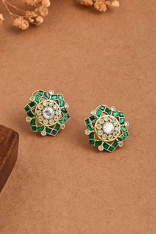 Gold Finish Emerald Green Stone Star Shaped Stud Earrings by Joules By Radhika