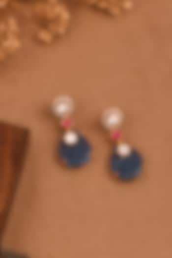 Gold Finish Azure Blue Motif Dangler Earrings by Joules By Radhika