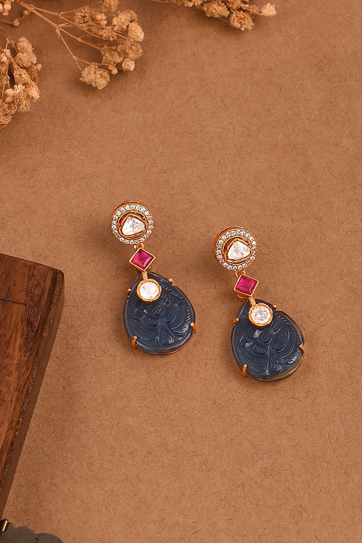 Gold Finish Azure Blue Motif Dangler Earrings by Joules By Radhika