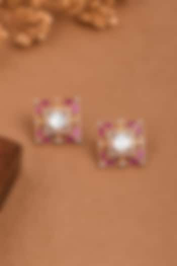 Gold Finish Pink Stone Square Stud Earrings by Joules By Radhika at Pernia's Pop Up Shop