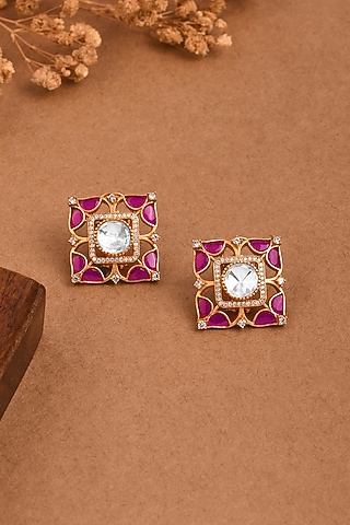 Gold Finish Pink Stone Square Stud Earrings by Joules By Radhika