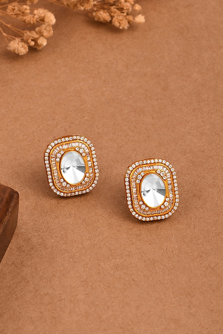 Gold Finish Kundan Polki & Diamond Rectangular-Shaped Stud Earrings by Joules By Radhika