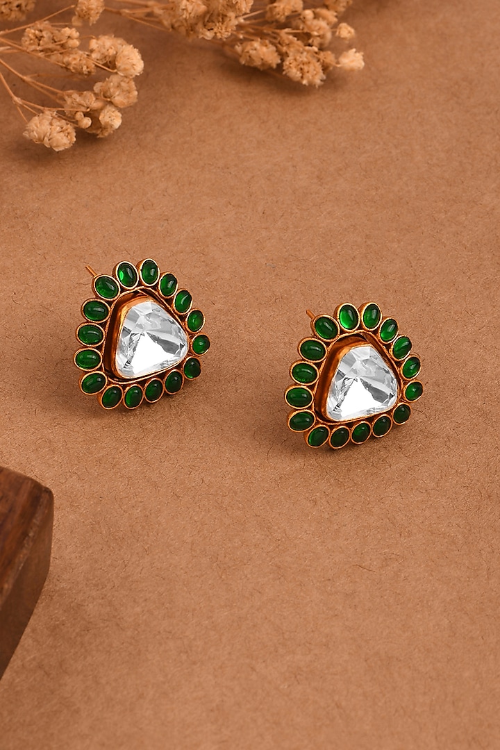 Gold Finish Kundan Polki & Green Stone Stud Earrings by Joules By Radhika