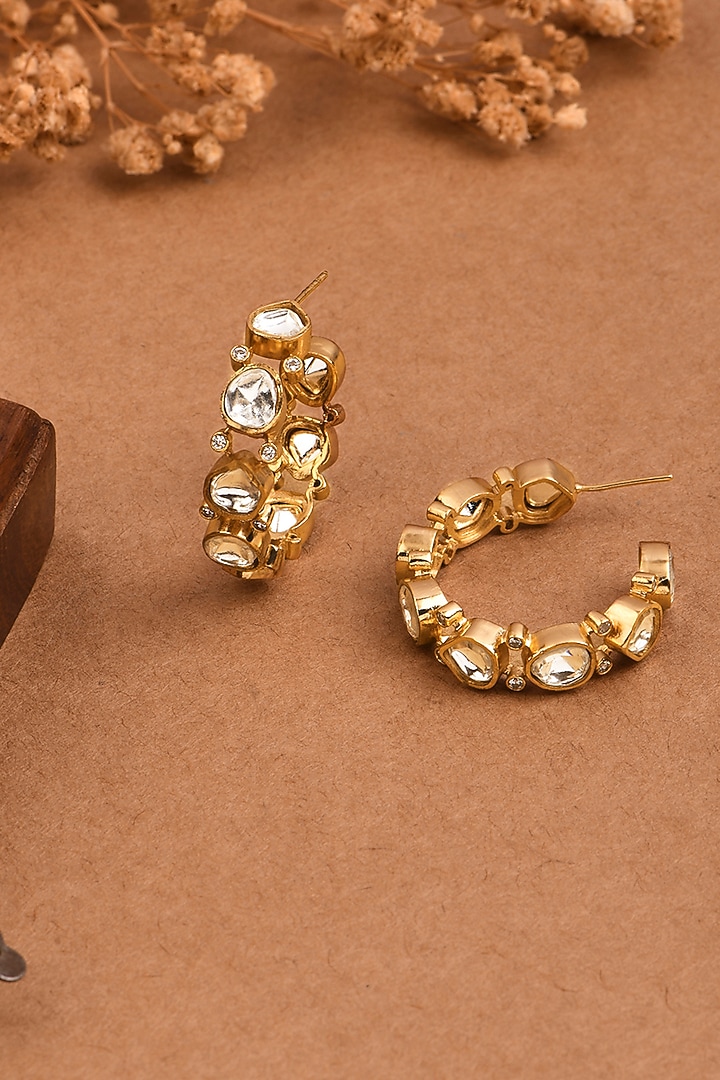 Gold Finish Kundan Polki Half Hoop Earrings by Joules By Radhika at Pernia's Pop Up Shop