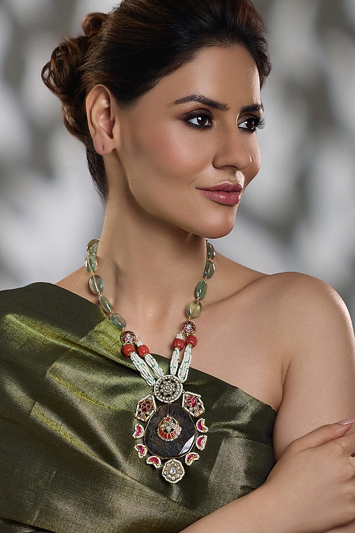 Gold Finish Royal Blue Stone Pendant Necklace by Joules By Radhika at Pernia's Pop Up Shop