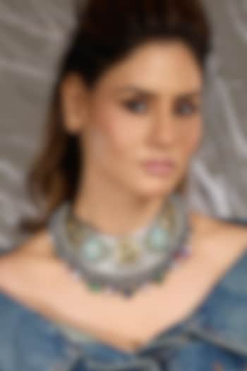 Oxidised Silver Finish Turquoise Embellished Choker Necklace by Joules By Radhika at Pernia's Pop Up Shop