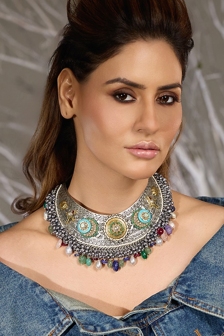 Oxidised Silver Finish Turquoise Embellished Choker Necklace by Joules By Radhika at Pernia's Pop Up Shop