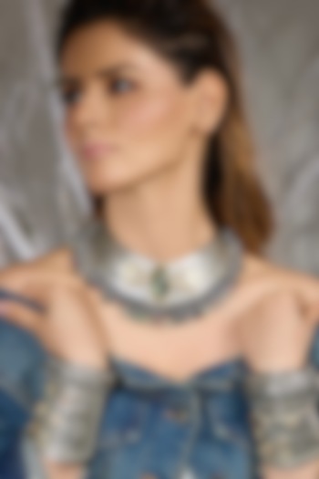 Oxidised Silver Finish Green Gemstone Floral Choker Necklace by Joules By Radhika at Pernia's Pop Up Shop