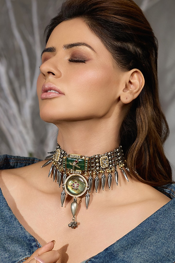 Oxidised Silver Finish Motif Choker Necklace by Joules By Radhika at Pernia's Pop Up Shop