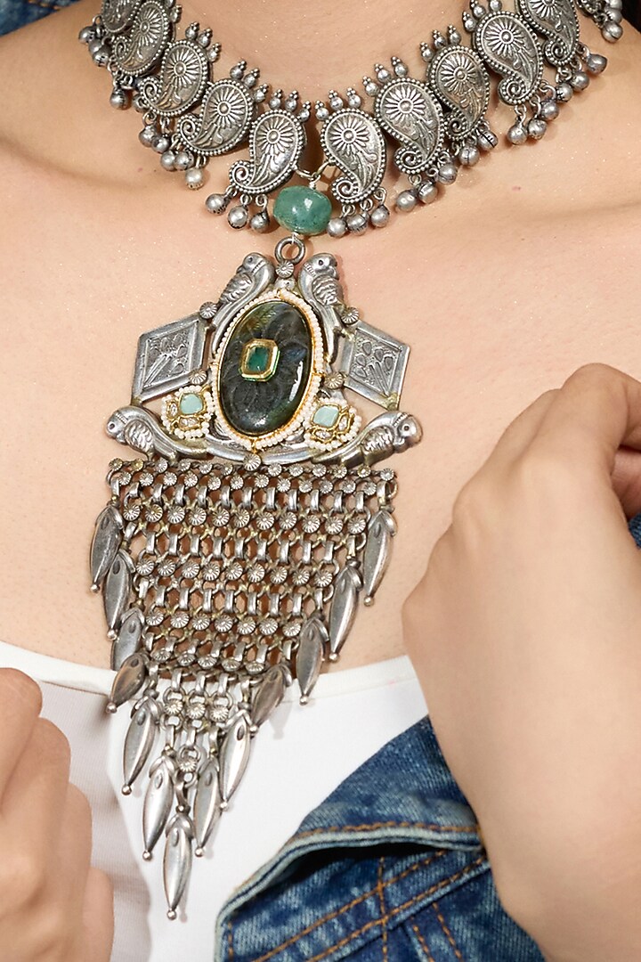 Oxidised Silver Finish Spear-Shaped Pendant Necklace by Joules By Radhika at Pernia's Pop Up Shop