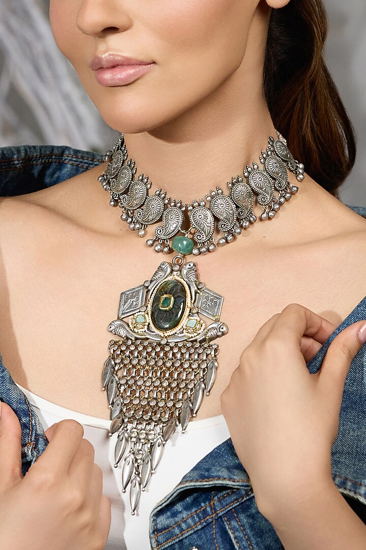 Oxidised Silver Finish Spear-Shaped Pendant Necklace by Joules By Radhika at Pernia's Pop Up Shop