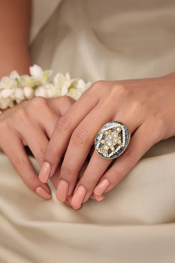 Yellow Gold Finish Floral Work Enameled Ring by Joules By Radhika at Pernia's Pop Up Shop