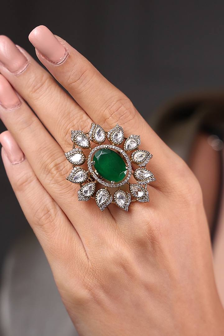 Yellow Gold Finish Green Stone Ring by Joules By Radhika at Pernia's Pop Up Shop