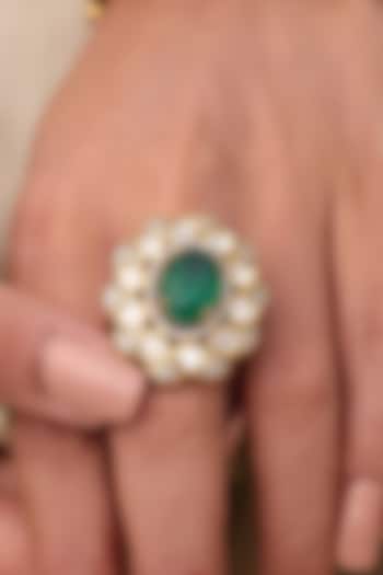 Yellow Gold Finish Green Gemstone Floral Ring by Joules By Radhika at Pernia's Pop Up Shop
