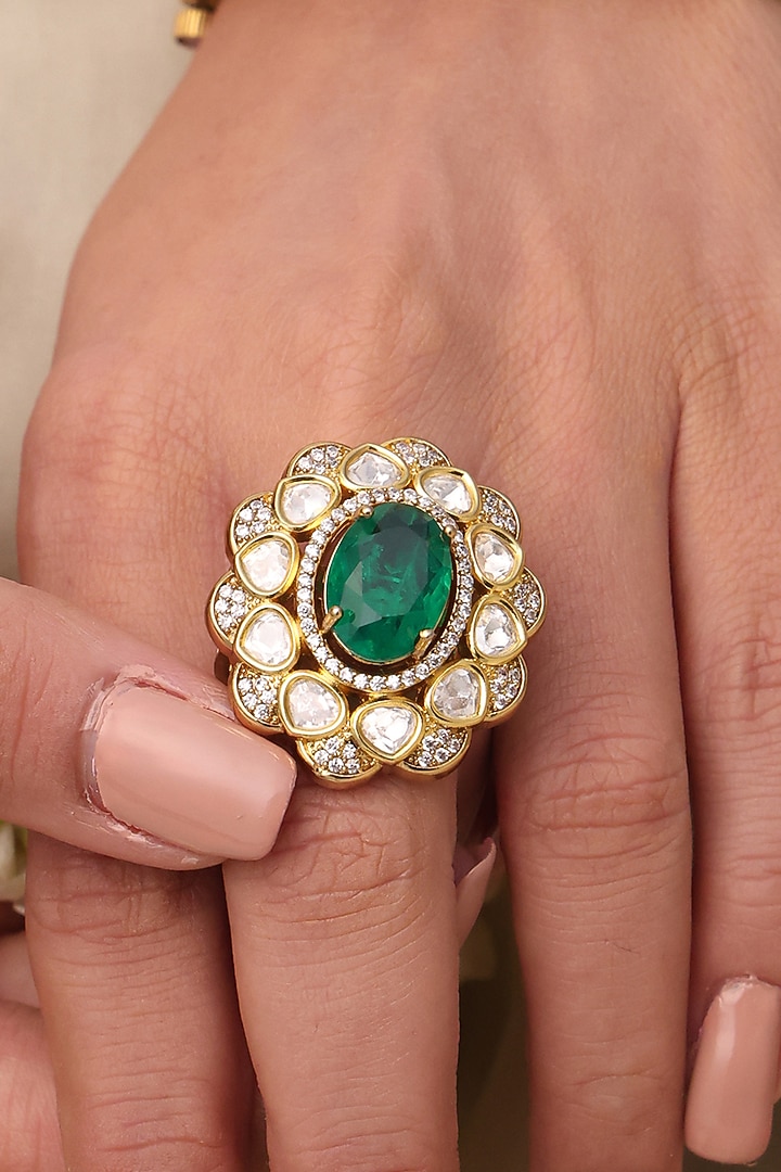 Yellow Gold Finish Green Gemstone Floral Ring by Joules By Radhika at Pernia's Pop Up Shop