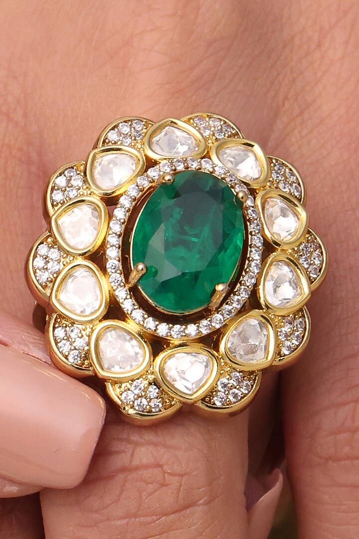 Yellow Gold Finish Green Gemstone Floral Ring by Joules By Radhika at Pernia's Pop Up Shop