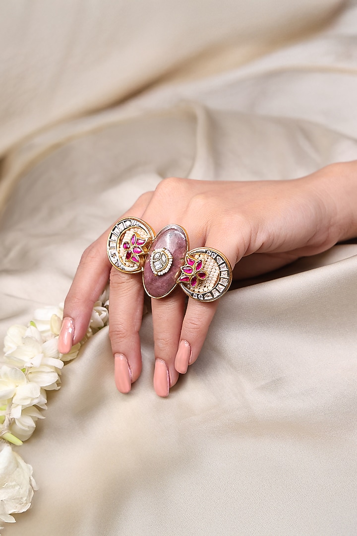 Yellow Gold Finish Kundan Polki & Ruby Stone Ring by Joules By Radhika at Pernia's Pop Up Shop