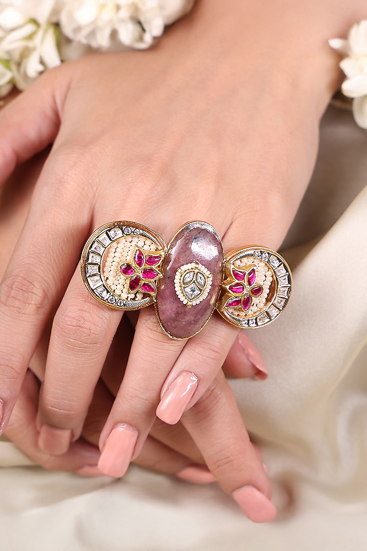 Yellow Gold Finish Kundan Polki & Ruby Stone Ring by Joules By Radhika at Pernia's Pop Up Shop