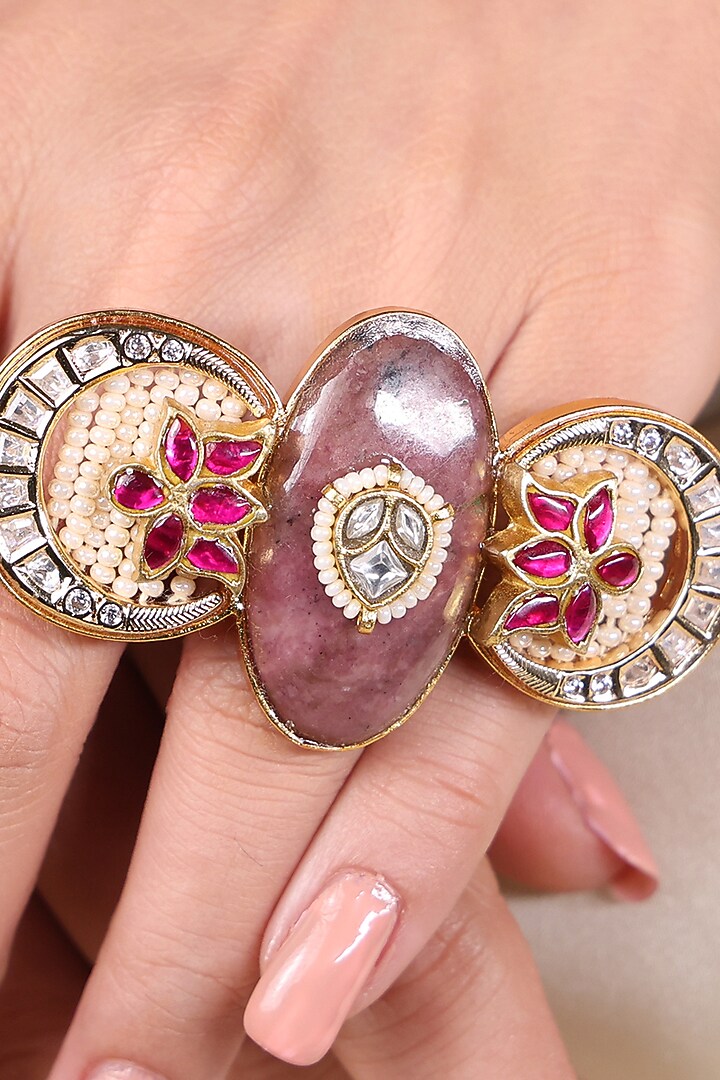 Yellow Gold Finish Kundan Polki & Ruby Stone Ring by Joules By Radhika at Pernia's Pop Up Shop
