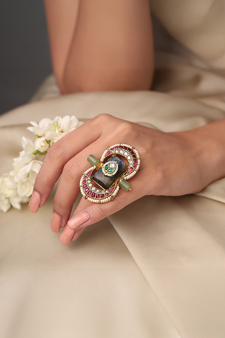 Yellow Gold Finish Green Gemstone Meenakari Ring by Joules By Radhika at Pernia's Pop Up Shop