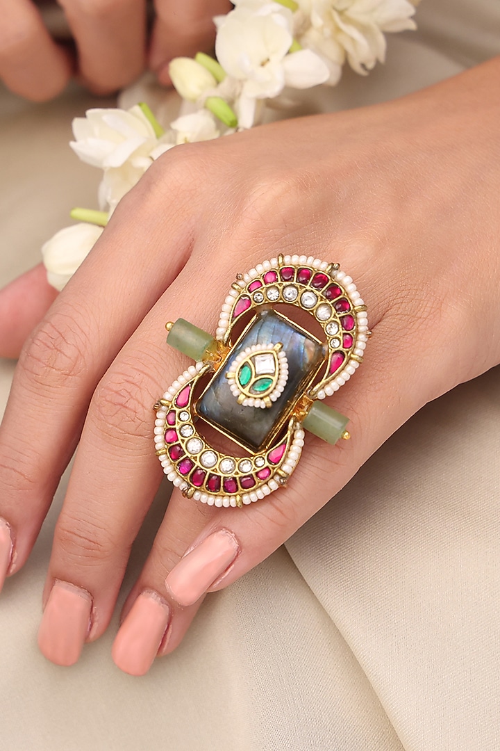 Yellow Gold Finish Green Gemstone Meenakari Ring by Joules By Radhika at Pernia's Pop Up Shop