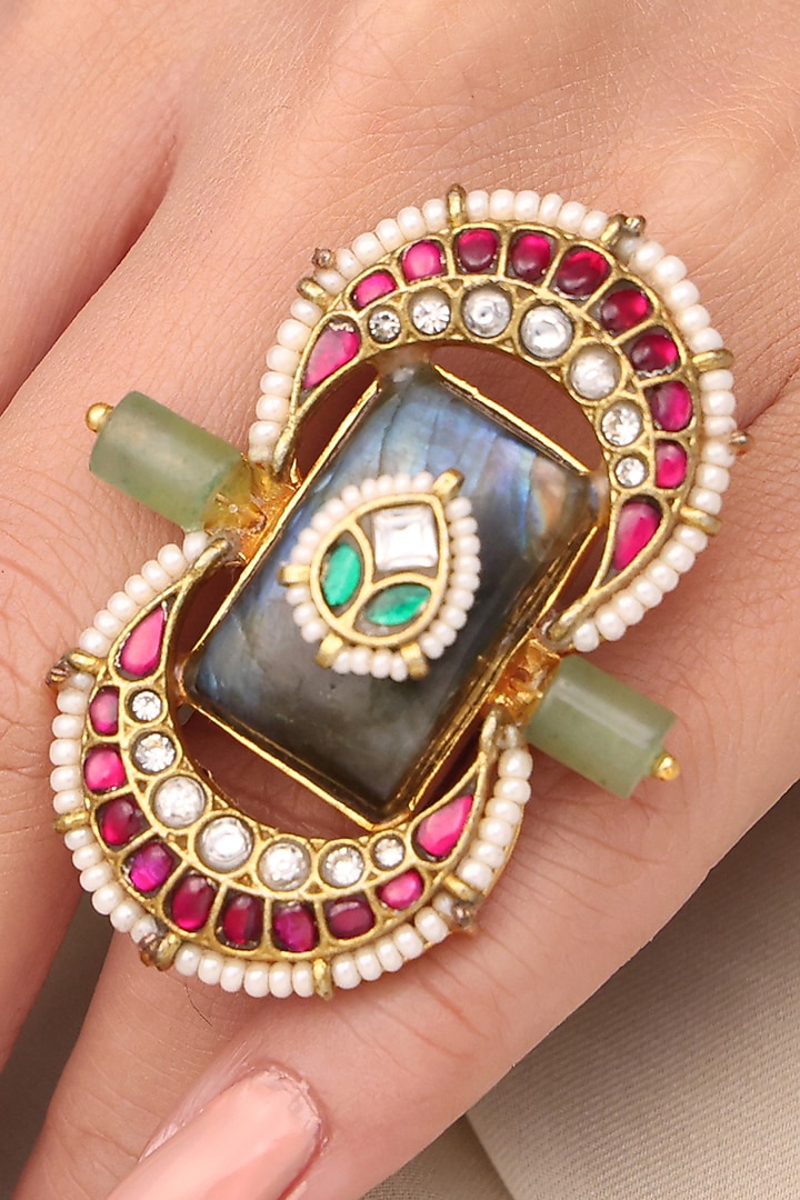 Yellow Gold Finish Green Gemstone Meenakari Ring by Joules By Radhika at Pernia's Pop Up Shop