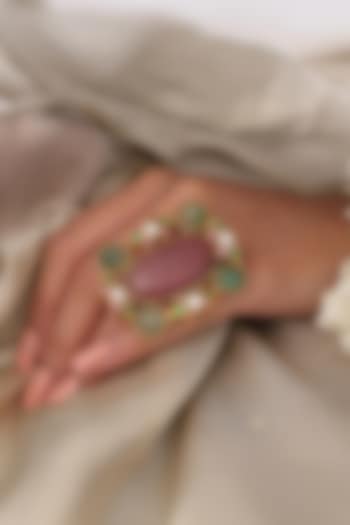 Yellow Gold Finish Pink Stone Floral Ring by Joules By Radhika at Pernia's Pop Up Shop