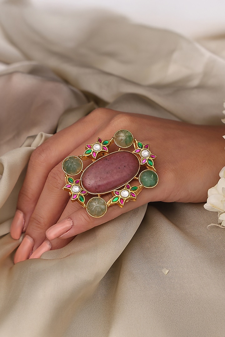 Yellow Gold Finish Pink Stone Floral Ring by Joules By Radhika at Pernia's Pop Up Shop