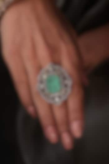 Yellow Gold Finish Kundan Polki & Aqua Stone Ring by Joules By Radhika at Pernia's Pop Up Shop